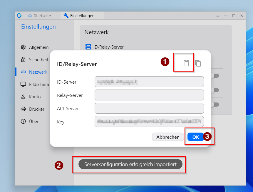 RustDesk Netzwerk Einstellungen öffnen und Serverdaten eintragen