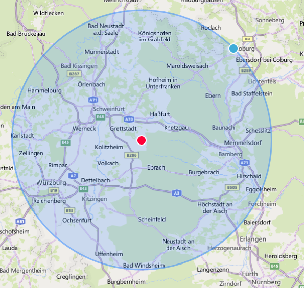 Karte mit Umkreis für IT-Vor-Ort-Service rund um Schweinfurt und Bamberg